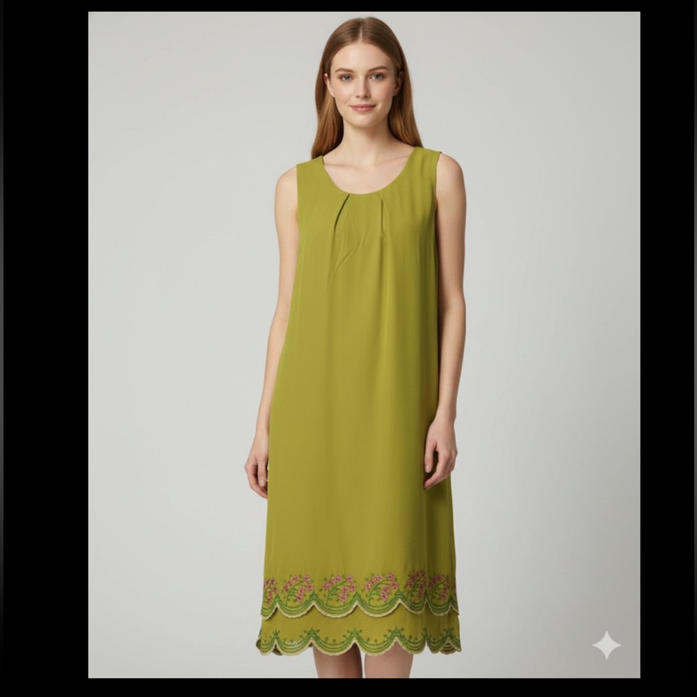 Sleeveless Olive Green Midi Dress with Embroidered Scallop Hem